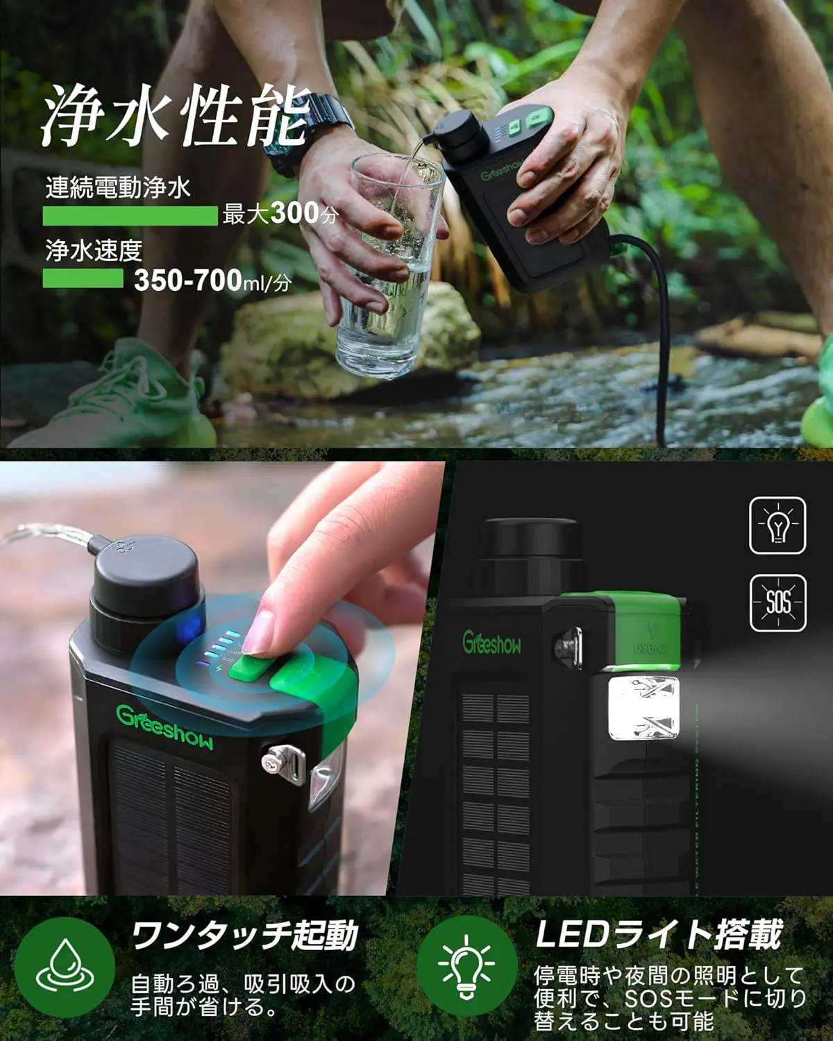 Greeshow 携帯浄水器 防災 電動浄水器 GS-2811 Greeshow GS-2811 携帯浄水器 電動 ソーラー充電 手回し発電